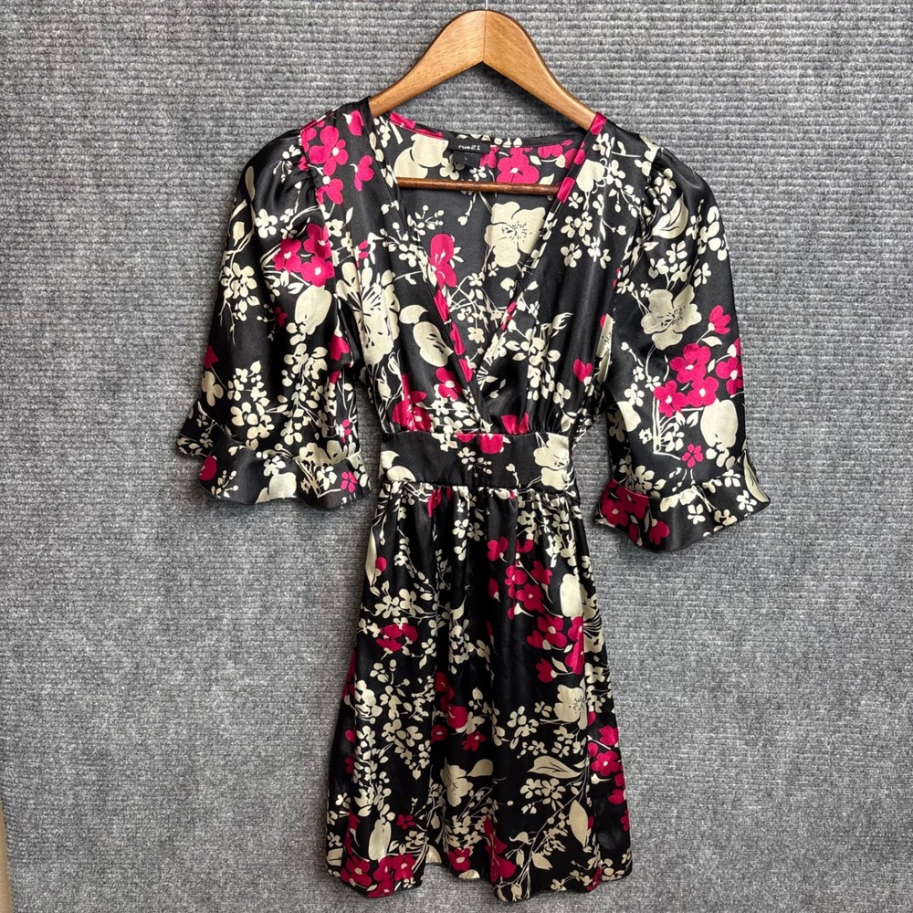 Y2K Rue21 Womens Floral Satin V-Neck Mini Dress Black Pink Ruffle Sleeve Size M